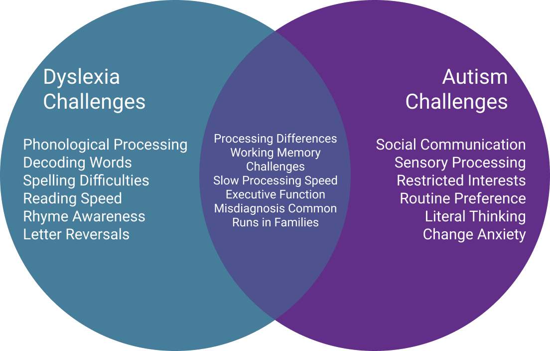 Venn diagram showing dyslexia-autism overlaps: shared working memory challenges