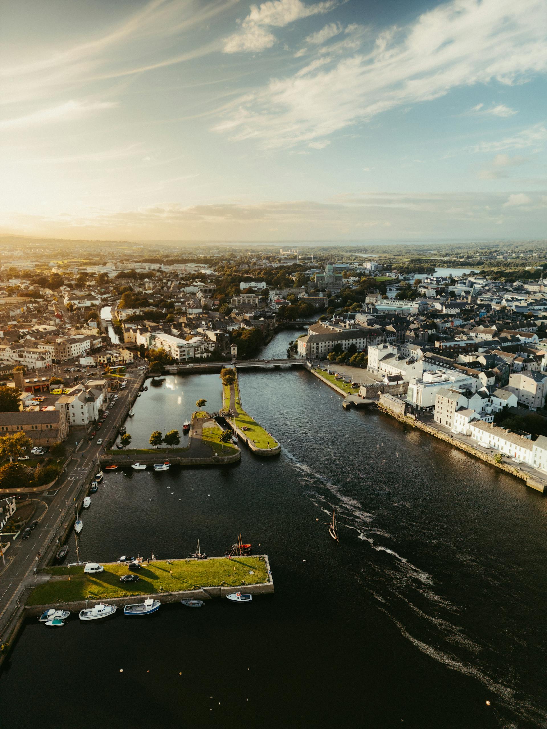 birds eye view of an Irish town at sunset